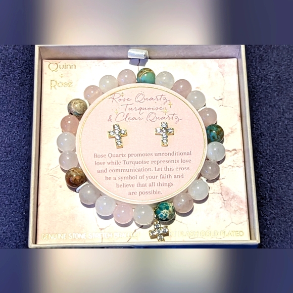 Quinn  Rose Quartz Turquoise Clear Quartz Cross Bracelet & Earrings Set 14K GP - Picture 4 of 6